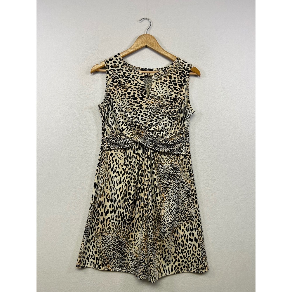Spense Animal Print Mob Wife Women L Tan Leopard Twist‎ Front Sleeveless Dress